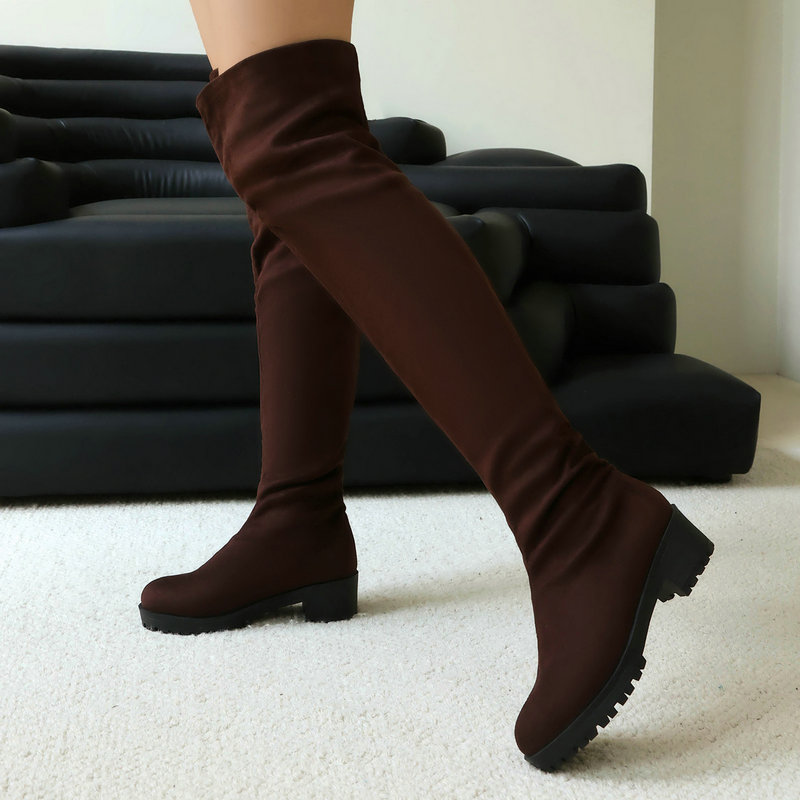 Faux Suede Leather Flock Slip- - Knee High Sock Women บทวิจารณ์และราคา