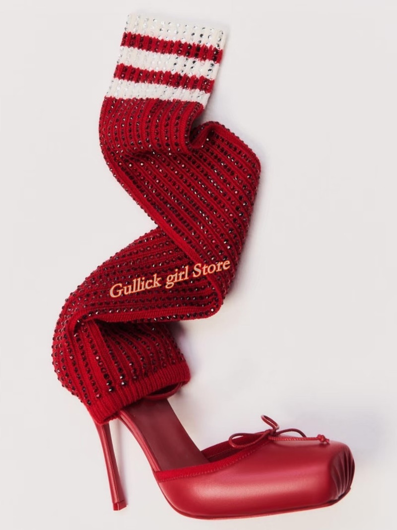 Red Knit Square Toe Boots Cut  - Knee High Sock Women บทวิจารณ์และราคา