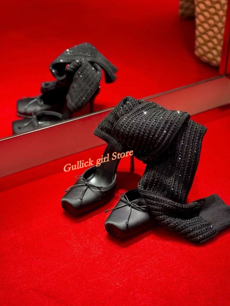 Red Knit Square Toe Boots Cut  - Knee High Sock Women บทวิจารณ์และราคา